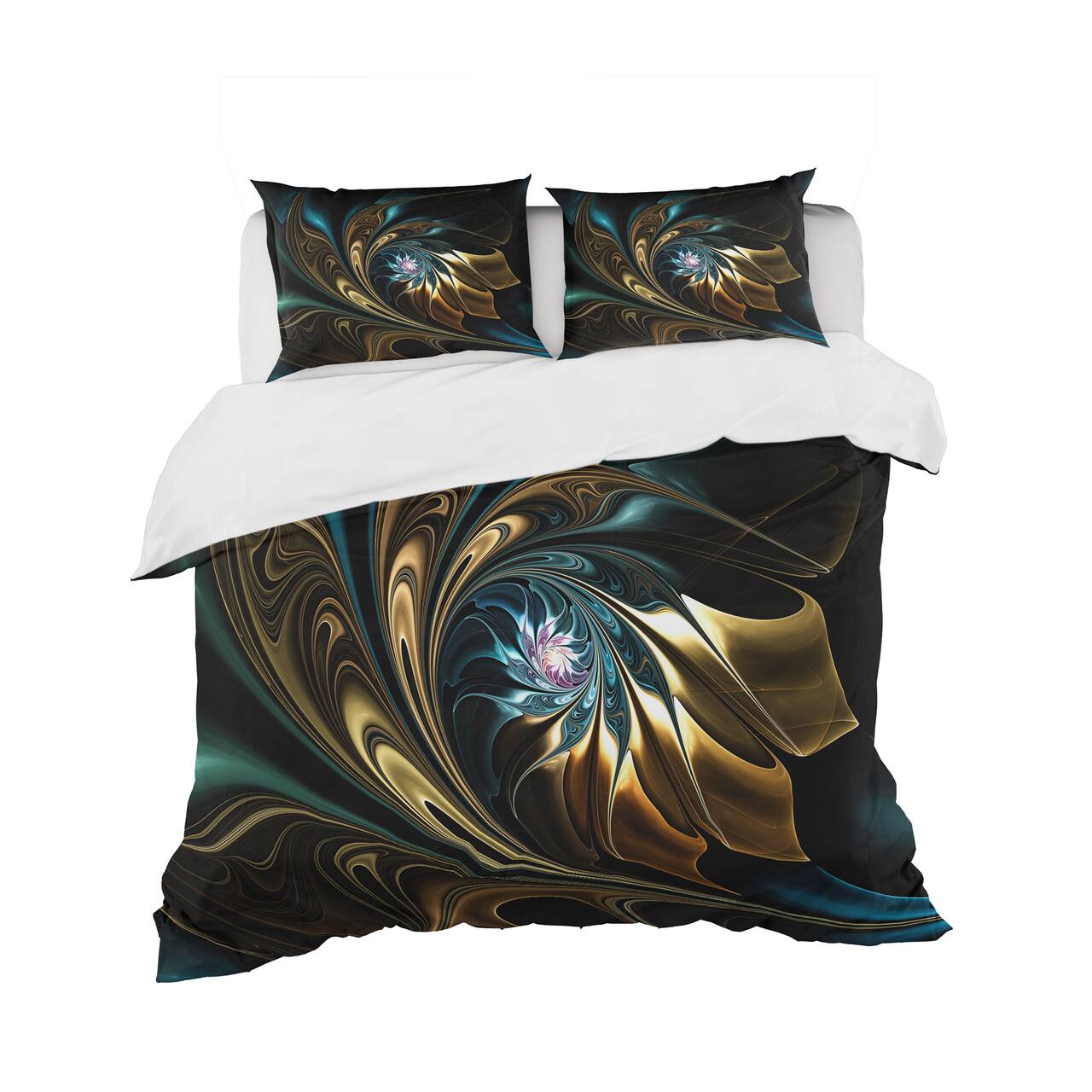 Designart 'Brown Blue Fractal Flower in Black' Modern & Contemporary Bedding Set - Duvet Cover & Shams